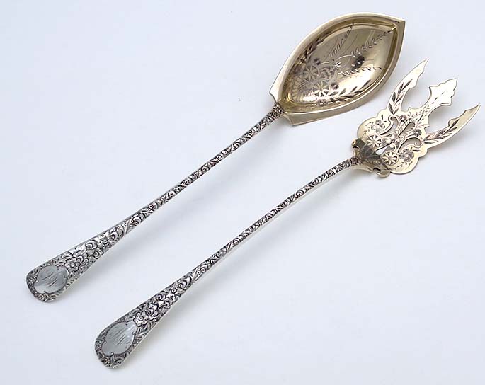 antique long handle salad set with hand chased end engraved decoration